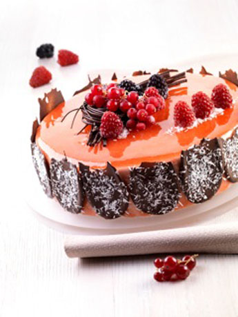 Torta lucida con frutti di bosco freschi. Dessert elegante, decorazioni cioccolato e cocco.