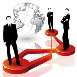 Team aziendale globale: figure stilizzate, globo e connessioni rosse.