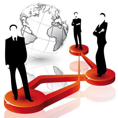 Team aziendale globale: figure stilizzate, globo e connessioni rosse.