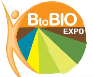 Logo BtoBIO Expo: fiera del biologico. Grafica con figura stilizzata e spicchi colorati.