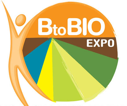 Logo BtoBIO Expo: fiera del biologico. Grafica con figura stilizzata e spicchi colorati.