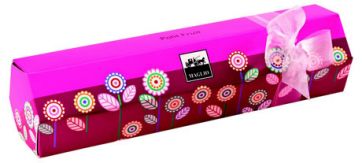 Confezione regalo Maglio a tubo esagonale, decorata con fiori stilizzati e nastro. Ottima idea regalo.