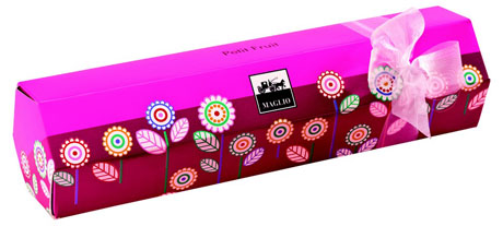 Confezione regalo Maglio a tubo esagonale, decorata con fiori stilizzati e nastro. Ottima idea regalo.