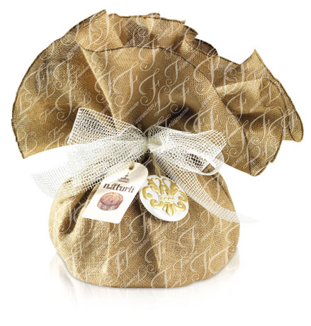 Confezione regalo Naturli in tessuto con fiocco e tag. Idea regalo artigianale.