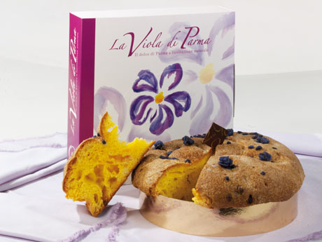 Dolce Viola di Parma. Panettone artigianale con violette candite e confezione regalo. Specialità di Parma.
