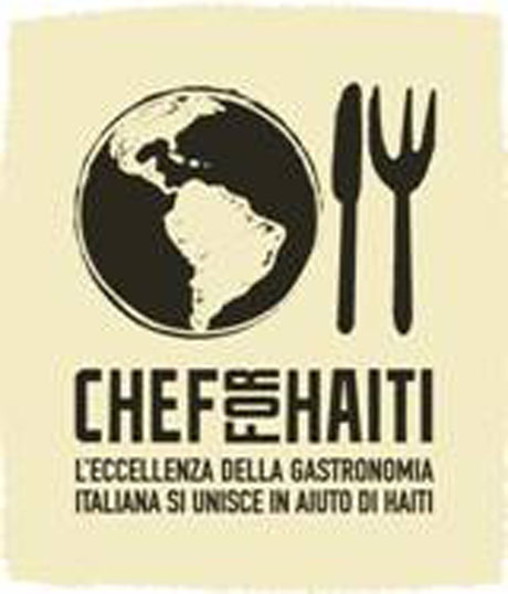 Logo Chef for Haiti: gastronomia italiana per Haiti. Mappamondo, forchetta e coltello.