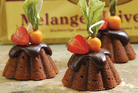 Mini tortine al cioccolato con fragole e alchechengi. Dolci deliziosi e invitanti.