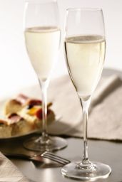 Due calici di spumante. Aperitivo con prosecco e tartine. Brindisi elegante con bollicine.