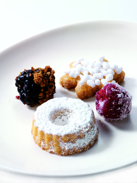 Dolci assortiti su piatto: tortino, more, lamponi e frittelle zuccherate. Delizie dolci per ogni gusto.