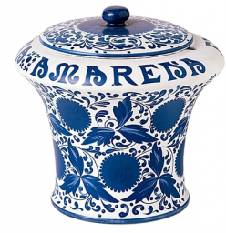 Vaso decorativo in ceramica per amarene. Design floreale blu e bianco.