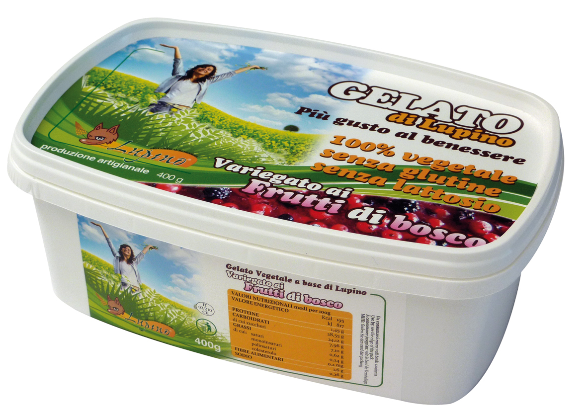 Gelato di lupino ai frutti di bosco. Dessert senza glutine e lattosio, 100% vegetale. Lupino, bontà naturale.