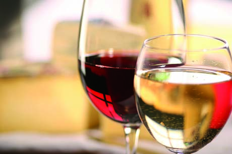 Due bicchieri di vino: rosso corposo e bianco frizzante. Degustazione vini.