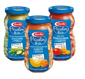 Barilla Piccolini: sughi pronti per bambini con verdure (zucchine, carote, piselli, zucca, pomodorini).