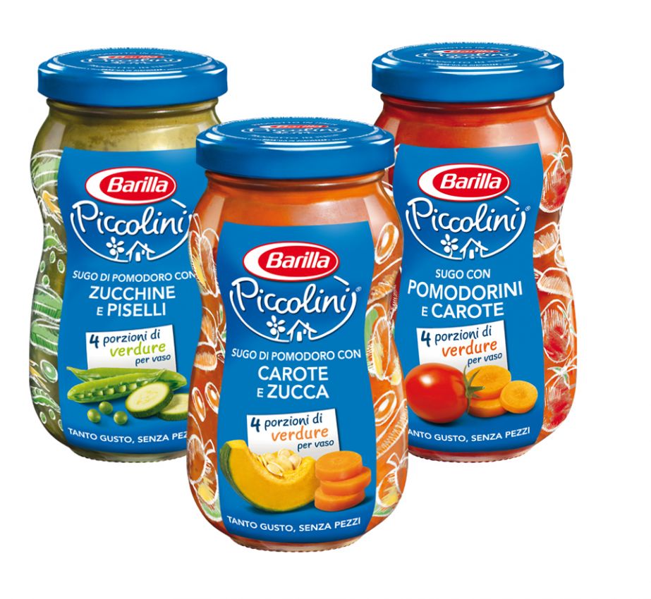 Barilla Piccolini: sughi pronti per bambini con verdure (zucchine, carote, piselli, zucca, pomodorini).
