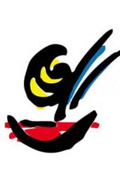 Logo Gel astratto. Design con forme nere, gialle, blu e rosse. Grafica moderna e colorata.