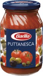 Barilla, sugo pronto puttanesca. Salsa di pomodoro con olive, capperi e acciughe.