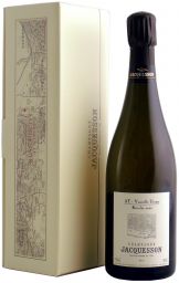 Champagne Jacquesson Ay-Vauzelle Terme 2002. Bottiglia e confezione regalo con mappa. Vino spumante francese d'annata.
