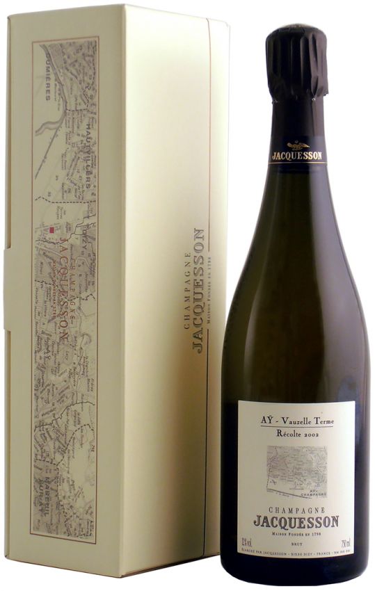 Champagne Jacquesson Ay-Vauzelle Terme 2002. Bottiglia e confezione regalo con mappa. Vino spumante francese d'annata.