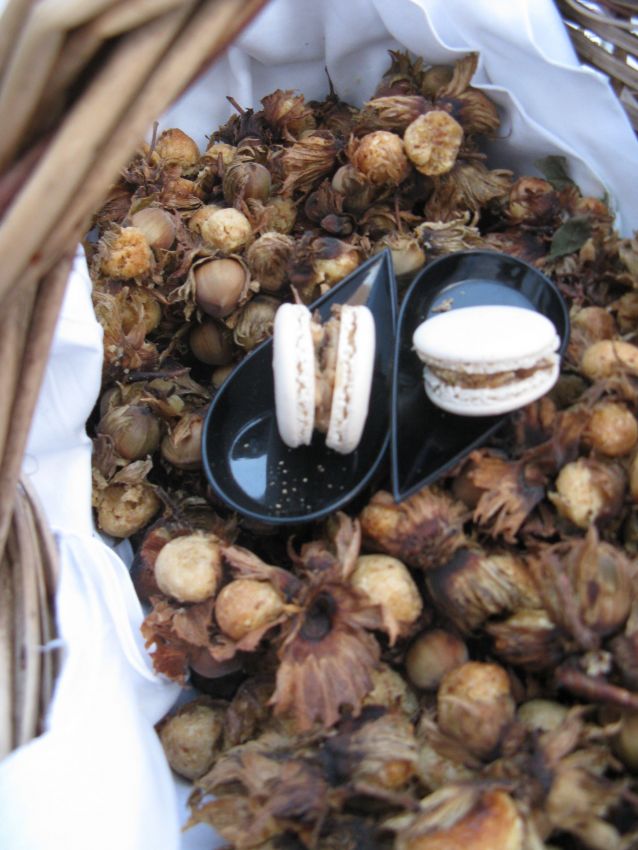 Macarons bianchi su piatto nero, tra nocciole. Dolci francesi, pasticceria, dessert.