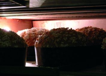 Panettoni artigianali in forno. Dolci natalizi italiani, pasta lievitata e glassa di zucchero. Agugiaro e Figna.