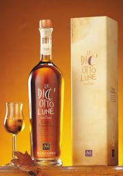 Bottiglia e confezione grappa Le Diciotto Lune Marzadro con bicchiere.