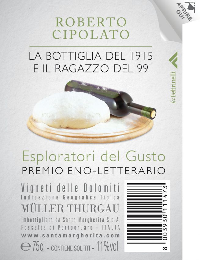 Etichetta vino Roberto Cipolato. Bottiglia vino rosso e impasto su tagliere. Müller Thurgau, Vigneti delle Dolomiti.