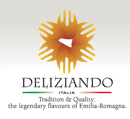 Logo Deliziando Italia: fiore stilizzato giallo, sapori tradizionali dell'Emilia-Romagna, alta qualità.
