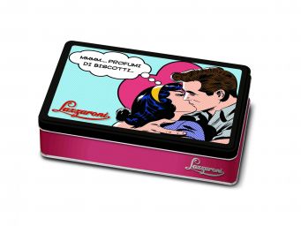 Latta Lazzaroni vintage con coppia che si bacia. Mmmm... profumi di biscotti... Biscotti Lazzaroni.