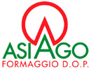 Logo Asiago Formaggio DOP. Simbolo rosso e verde, prodotto caseario italiano di alta qualità.
