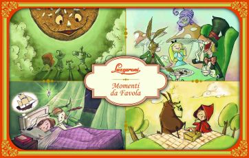 Illustrazione Lazzaroni Momenti da Favola: personaggi iconici come Peter Pan, Cappuccetto Rosso e Alice nel Paese delle Meraviglie.