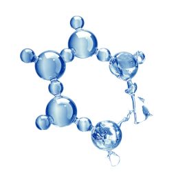 Modello molecolare 3D in vetro blu. Concetto di chimica, scienza e ricerca scientifica.