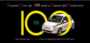 Fiat 500 in palio con Besozzi Oro. Centenario pasticceria. Auto bianca, logo giallo. #Fiat500 #BesozziOro #Pasticceria