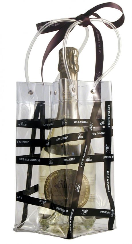Bottiglia spumante in borsa regalo trasparente con nastro Life is a bubble. Alice Bubbles Bag.
