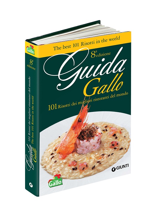 Copertina Guida Gallo 8a edizione: 101 risotti dei migliori ristoranti. Ricettario con foto di risotto e gambero.