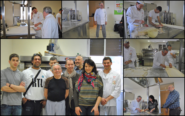 Corso di panificazione: panettieri al lavoro e in posa. Forno, farina, impasto. Tradizione e passione per il pane.