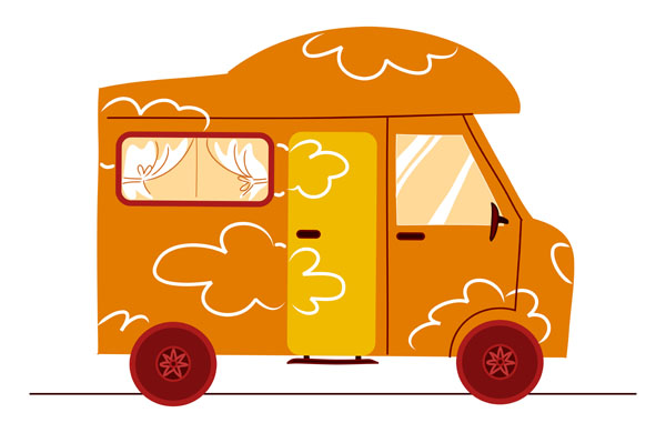 Camper arancione stile cartone animato. Vacanza in camper, viaggio on the road.