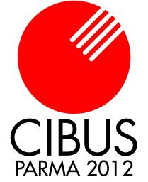 Logo Cibus Parma 2012. Fiera internazionale dell'alimentazione, prodotti alimentari italiani. Marchio con cerchio rosso e scritte.
