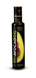Bottiglia olio di avocado. Olio 100% naturale, spremuto a freddo. Ricco di vitamina E.