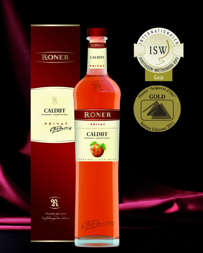 Bottiglia e confezione regalo Roner Caldiff, distillato di mele premiato. Prodotto artigianale del Trentino Alto Adige.