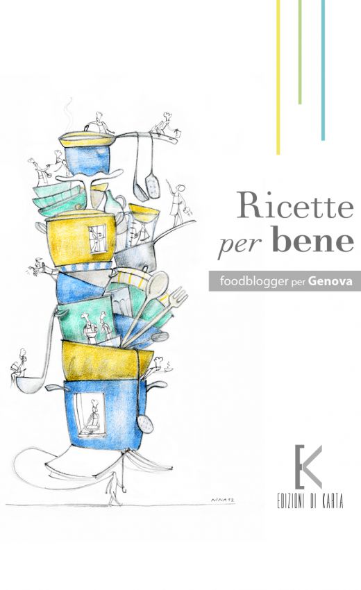 Copertina del libro Ricette per bene: illustrazione di pentole impilate con figure, foodblogger per Genova.