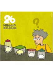 Mostra lieviti Bologna, 26 maggio. Persona perplessa di fronte a barattoli con lievito. Degustazione lieviti.