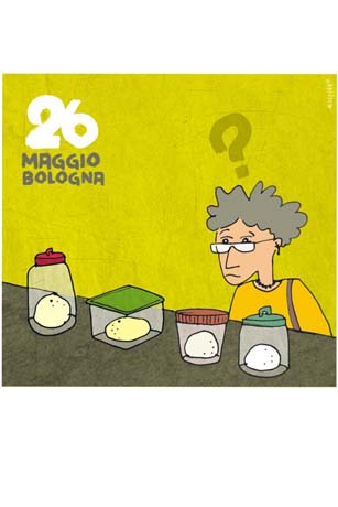 Mostra lieviti Bologna, 26 maggio. Persona perplessa di fronte a barattoli con lievito. Degustazione lieviti.