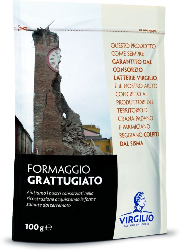 Confezione Formaggio Grattugiato Virgilio. Sostegno ai produttori colpiti dal sisma. Grana Padano e Parmigiano Reggiano.