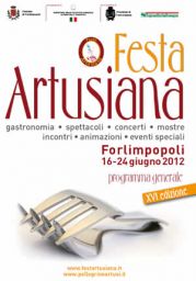 Locandina Festa Artusiana Forlimpopoli: gastronomia, spettacoli e concerti. Forchetta stilizzata. XVI edizione.
