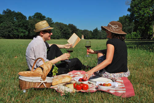 Coppia a picnic sull'erba con vino, libro e cesto. Relax all'aperto.