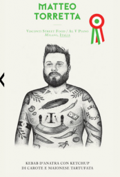 Matteo Torretta, chef street food a Milano. Illustrazione con tatuaggi culinari. Cucina italiana.