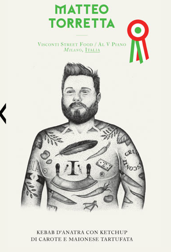 Matteo Torretta, chef street food a Milano. Illustrazione con tatuaggi culinari. Cucina italiana.
