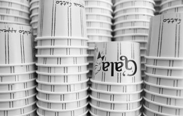 Coppette gelato impilate. Design minimalista a righe. Brand Gala visibile. Packaging sostenibile per gelaterie.