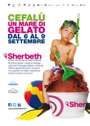Locandina Sherbeth, festival del gelato artigianale a Cefalù. Bambino con maschera e gelato. Evento gastronomico siciliano.