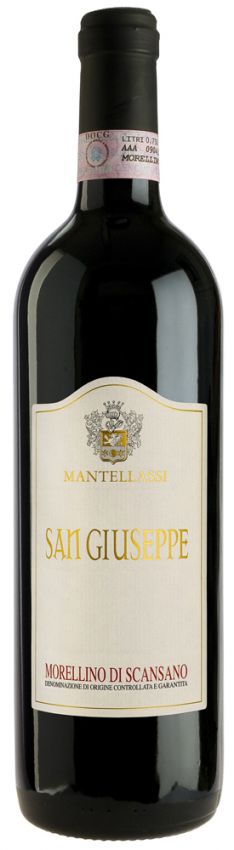 Bottiglia di vino rosso San Giuseppe Morellino di Scansano DOCG. Vino toscano di Mantellassi.